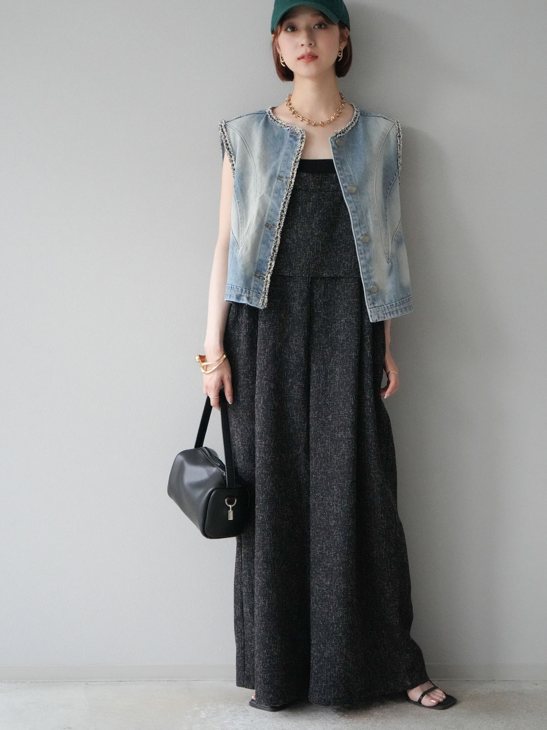 [予約]サマーツイードケープサロペット/ブラック