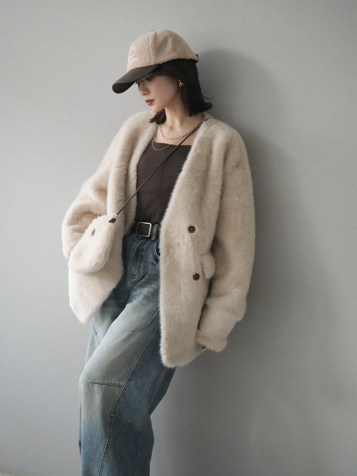 [SET]バッグ付エコファーノーカラーコート+ベルト付カーブデニムパンツ(2set)