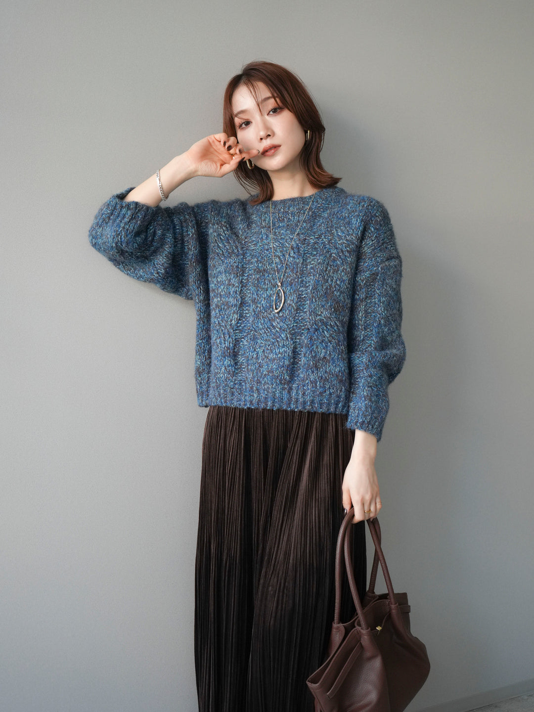 [予約]ワイドケーブルミックスニットプルオーバー/blue