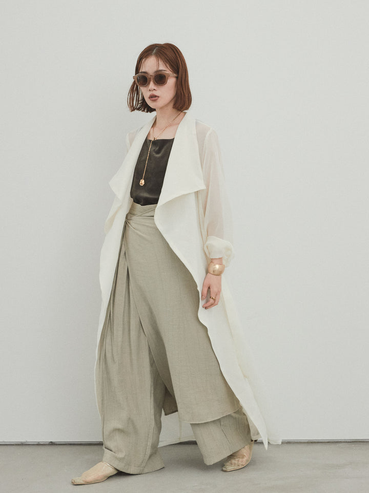 [SET] 方形天鵝絨背心 + 水洗緞層疊裙褲 + 透視長外套 (3 件套)