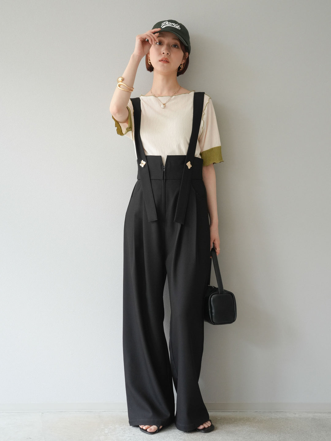 [SET]プリーツ配色ボートネックプルオーバー+ゴールドボタンサスペンダーワイドパンツ(2set)