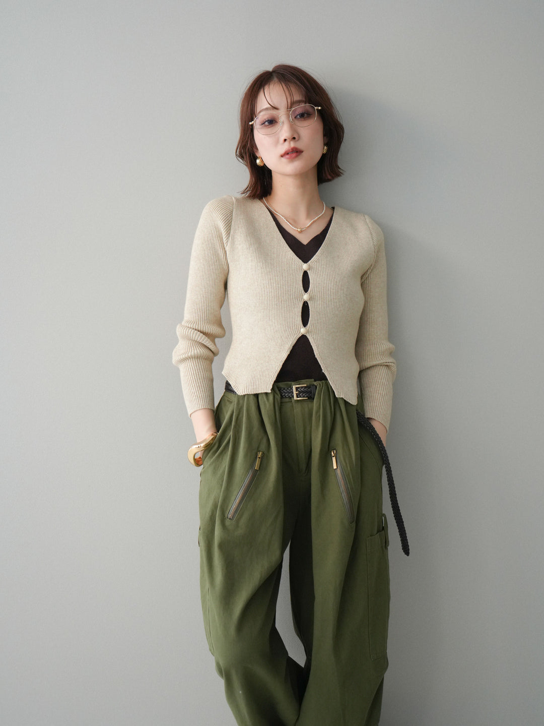 [予約]Vネック配色レイヤードスリットニットトップス/beige