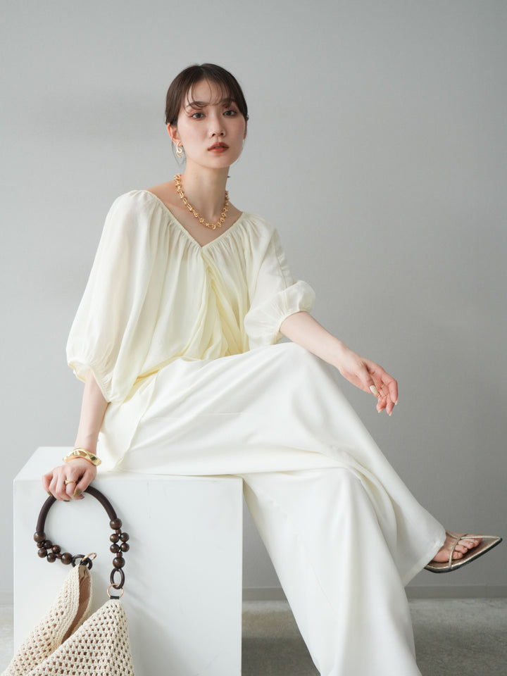 [SET]ボリュームスリーブシアータックブラウス+リネンライクイージーワイドパンツ(2set)