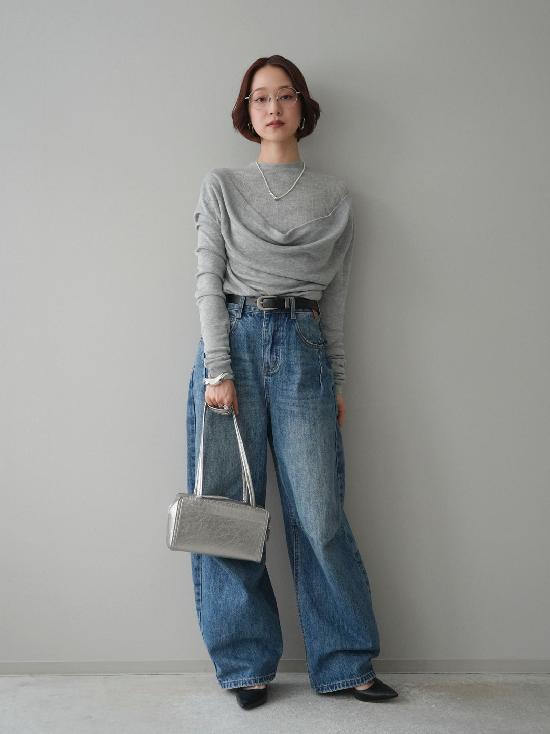 [予約]ボトルネックドレープレイヤードニットトップス/gray