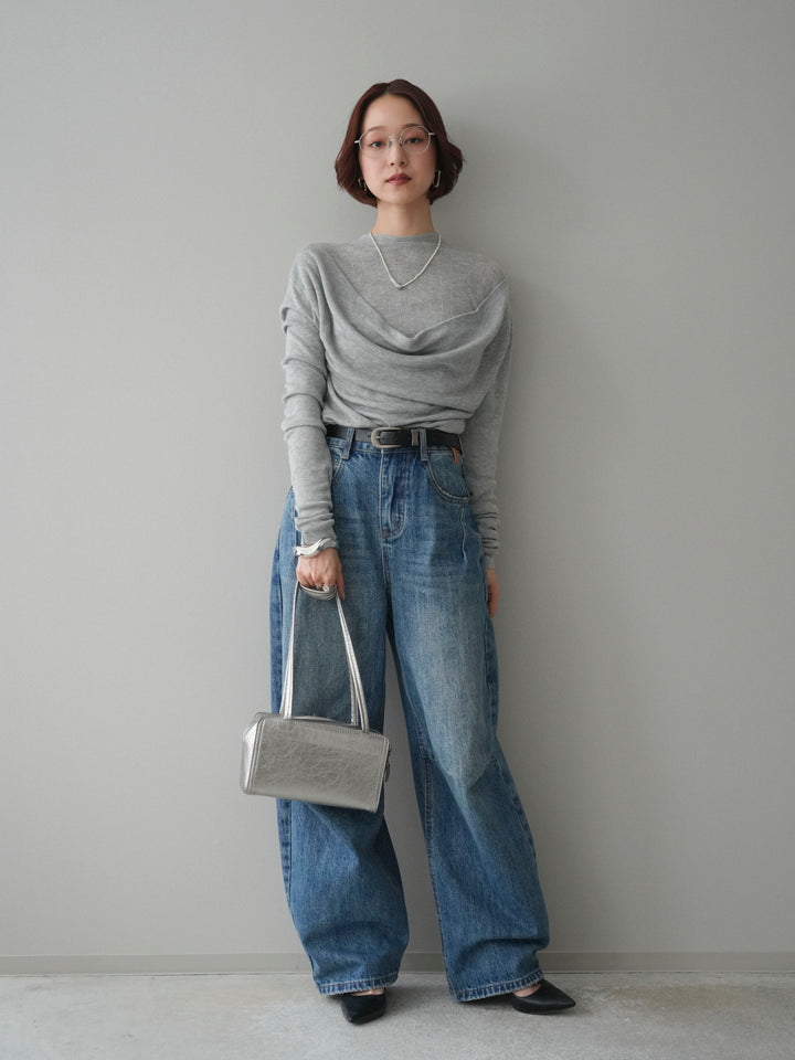 [予約]ボトルネックドレープレイヤードニットトップス/gray