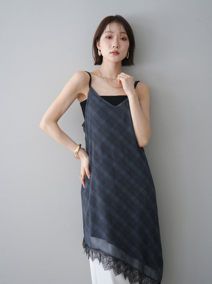 [予約]アシンメトリーチェック柄レースキャミソール/black