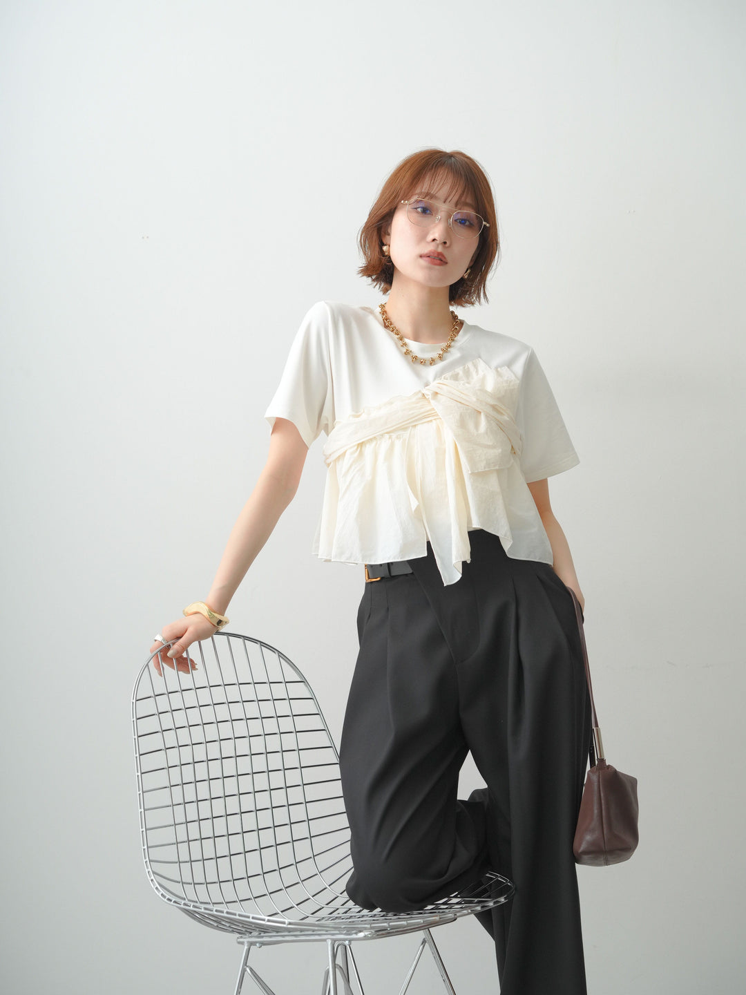 [SET]ナイロンドッキングツイストTEE +アシンメトリーベルトタックワイドパンツ(2set)