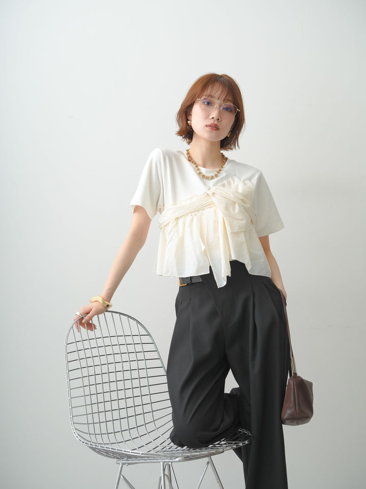 [SET]ナイロンドッキングツイストTEE +アシンメトリーベルトタックワイドパンツ(2set)