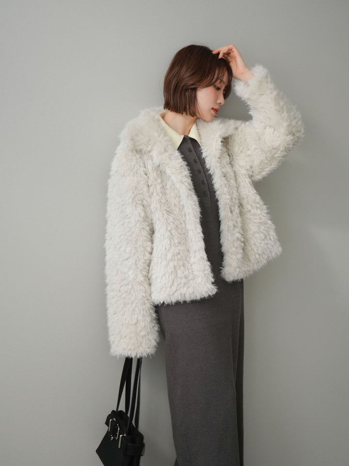 [SET]配色ポロニットワンピース+フェイクファー襟付きショートブルゾン(2set)