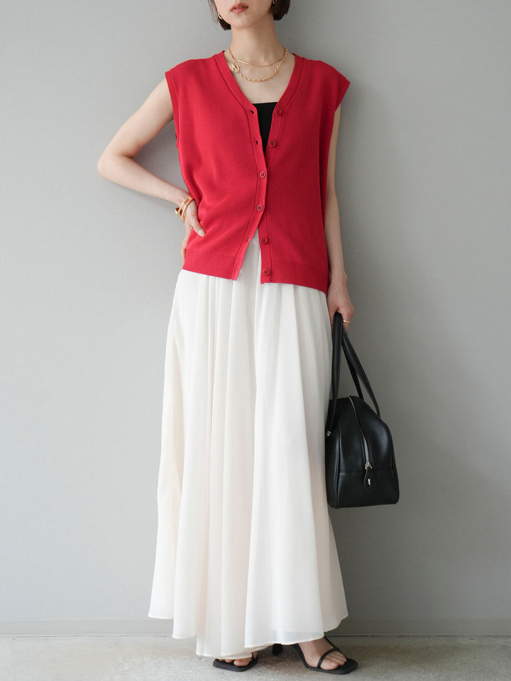 [SET] V領人造絲針織背心+雪紡喇叭裙（2件組）