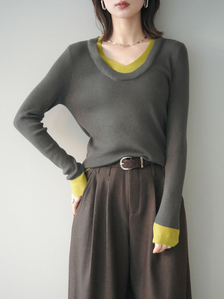 [SET]Uネック配色レイヤードリブニットトップス+Uネック配色レイヤードリブニットトップス(2set)