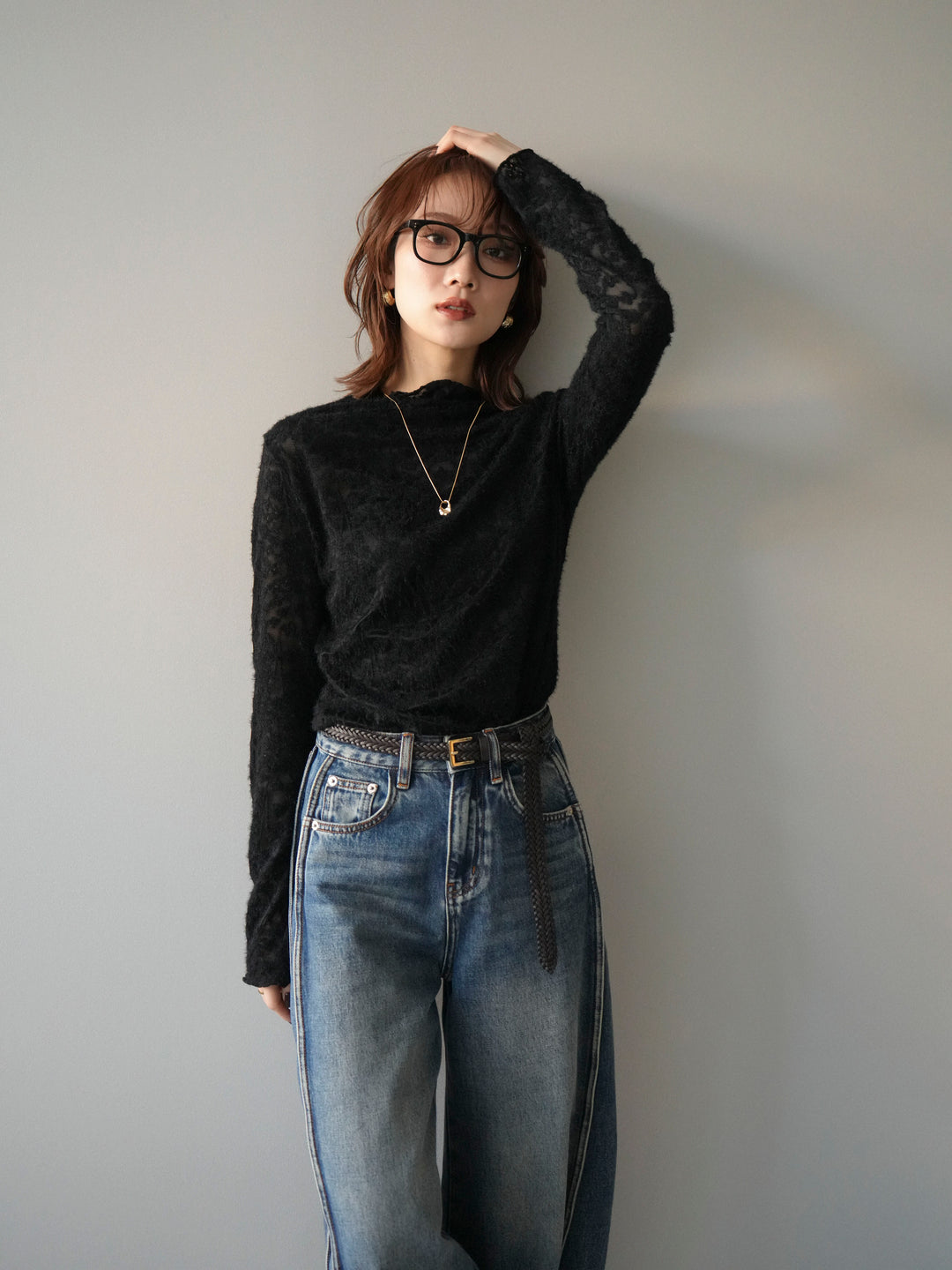 [予約]起毛レースプチネックトップス/black