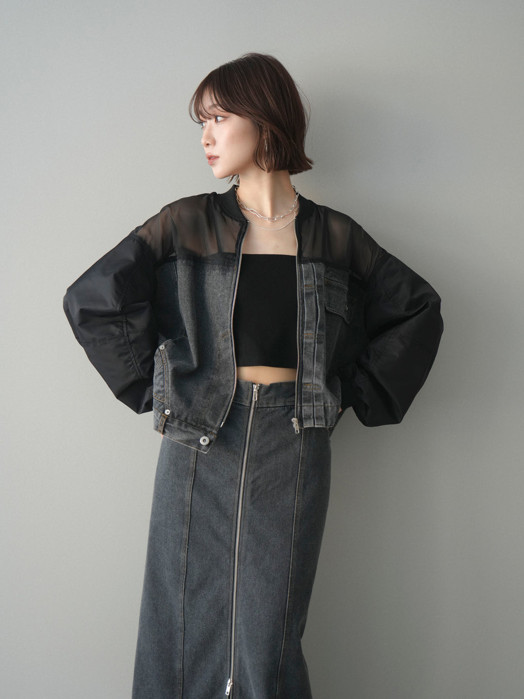 [SET]異素材デニムブルゾン+フロントジップデニムスカート(2set)