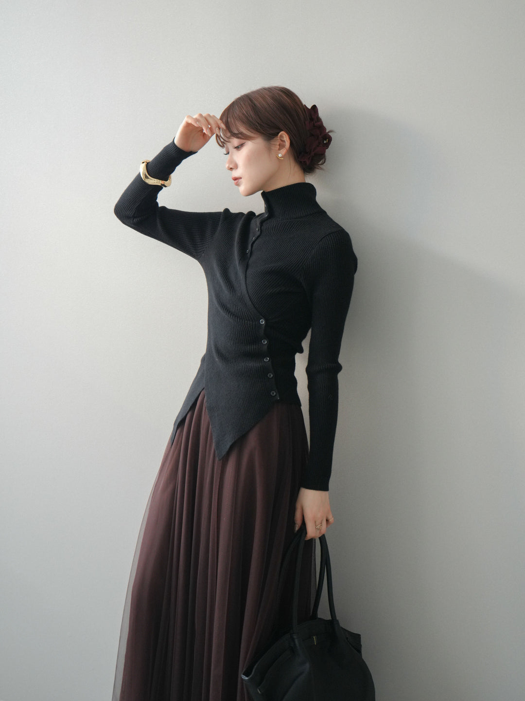 [予約]クロスデザインボトルネックリブニットトップス/black