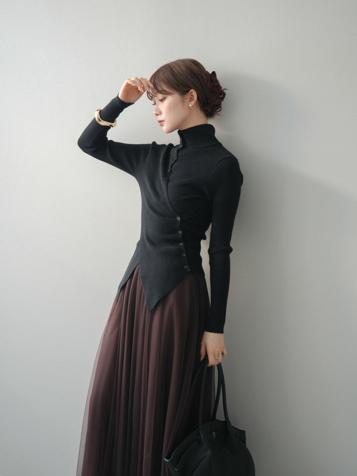 [予約]クロスデザインボトルネックリブニットトップス/black