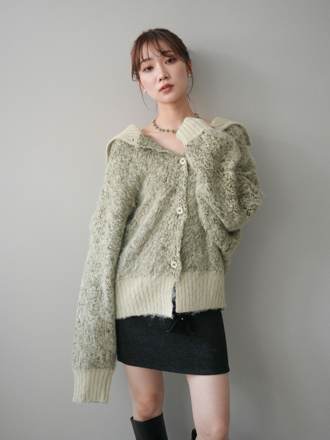 [予約]リブ切替メランジニットカーディガン/green