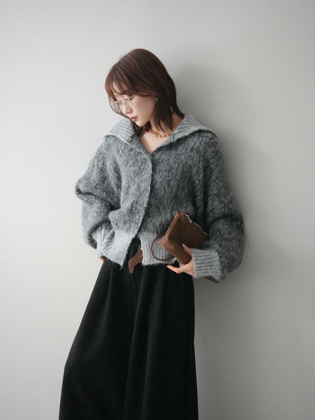 [SET]リブ切替メランジニットカーディガン+モチーフベルト付スエードタックワイドパンツ(2set)