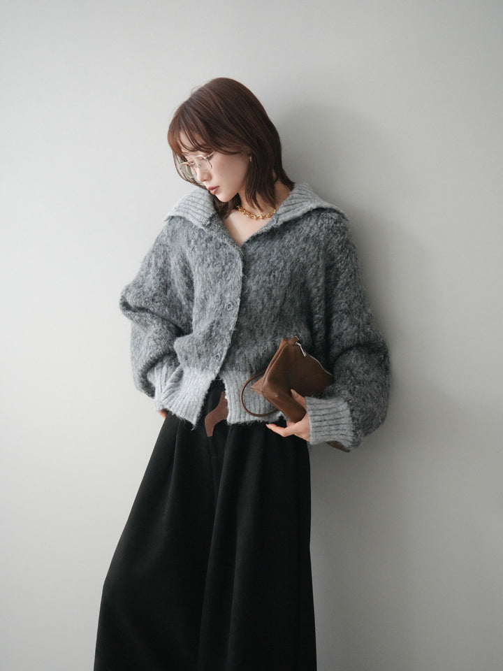 [SET]リブ切替メランジニットカーディガン+モチーフベルト付スエードタックワイドパンツ(2set)