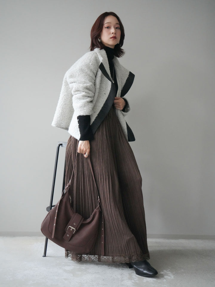 [SET]レザー切替ブークレブルゾン+裾レーススウェードプリーツマキシスカート(2set)
