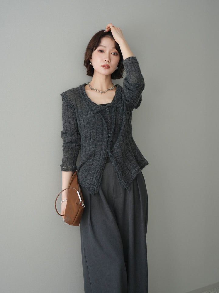 [予約]透かし襟モヘアタッチニットカーディガン/charcoal
