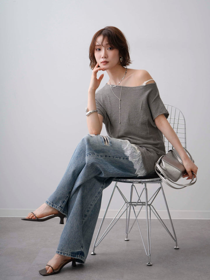 [予約]スラッシュ加工フレンチニットトップス/gray