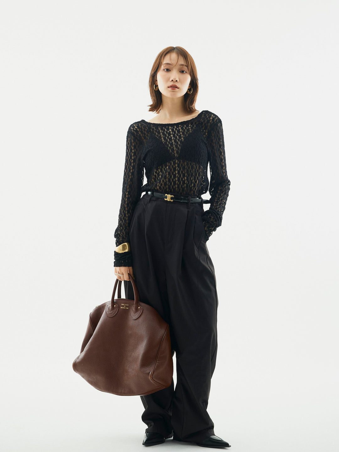 【Allure】[SET]バックラウンドレーストップス+タフタワイドカーブパンツ(2set)