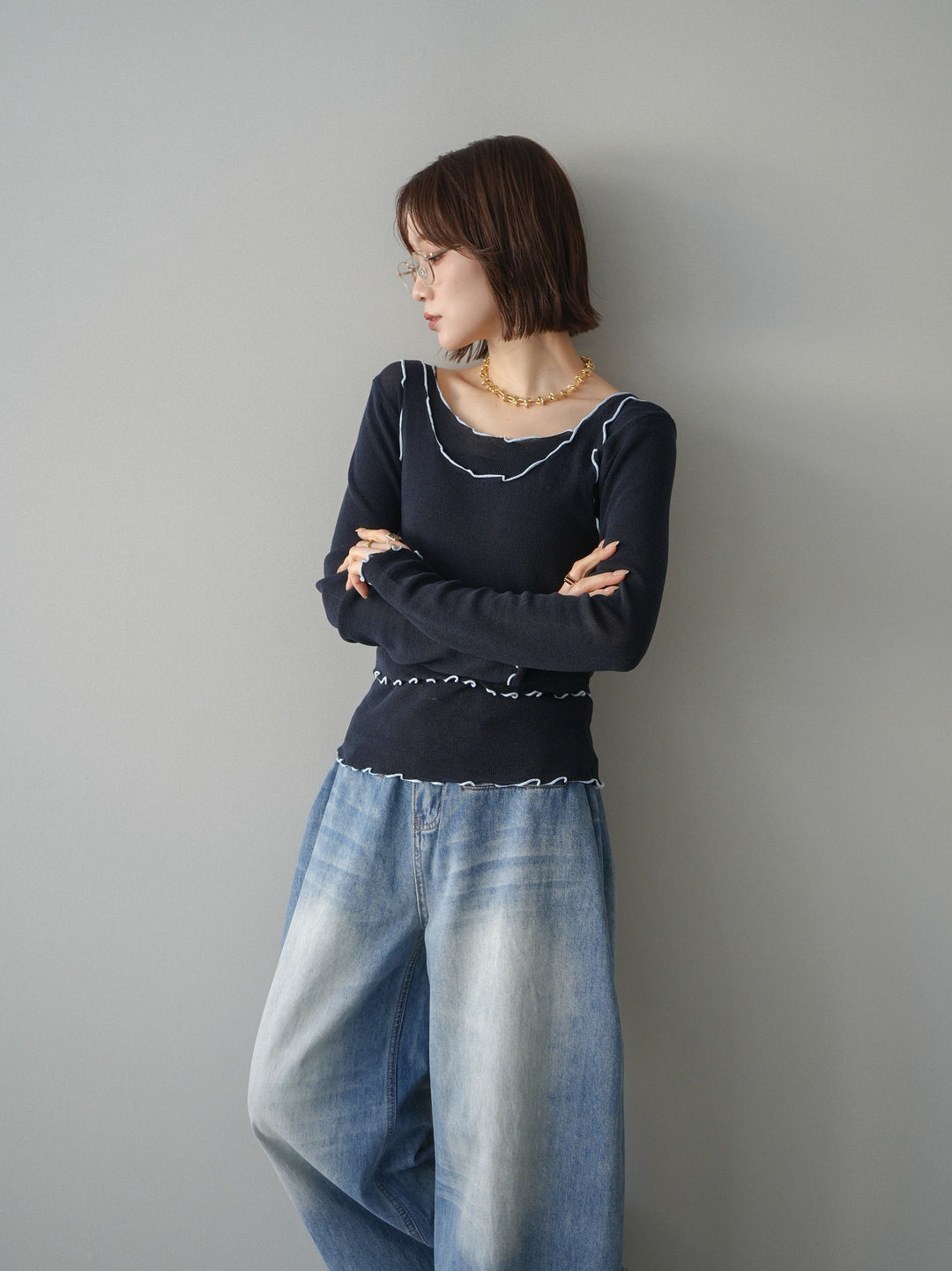 [予約]バイカラーメローアンサンブルシアーニットトップス/navy
