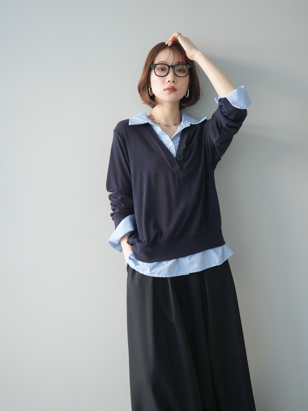[予約]シャツレイヤードデザインカットプルオーバー/navy
