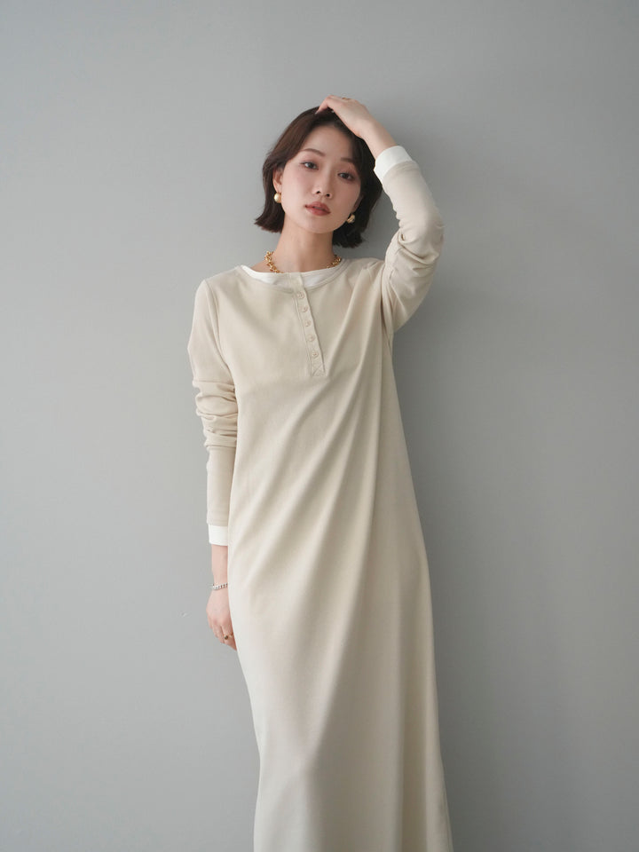 [予約]配色レイヤードヘンリーネックカットリブワンピース/ivory
