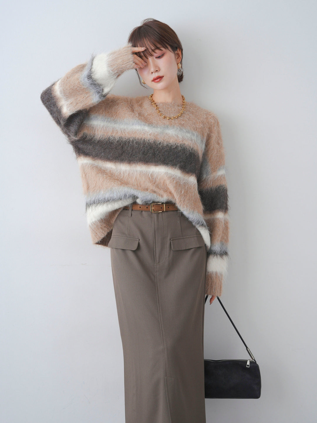 [予約]カラフルボーダーシャギーニットプルオーバー/beige