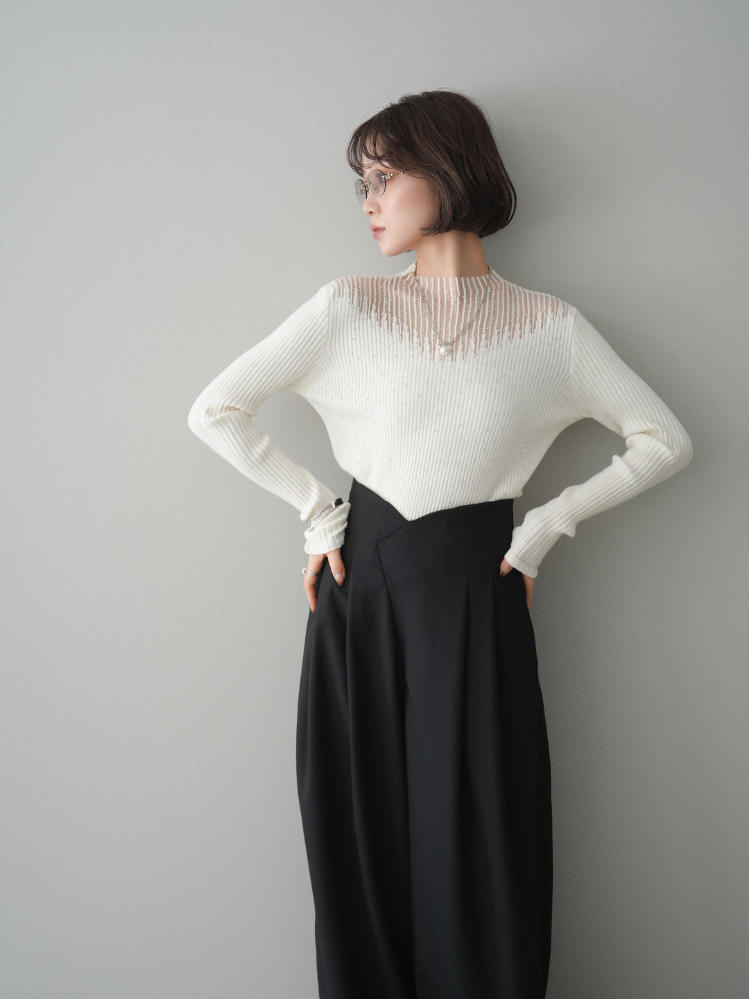 [SET]シアー切替スパンコールリブニットトップス+シアー切替スパンコールリブニットトップス(2set)