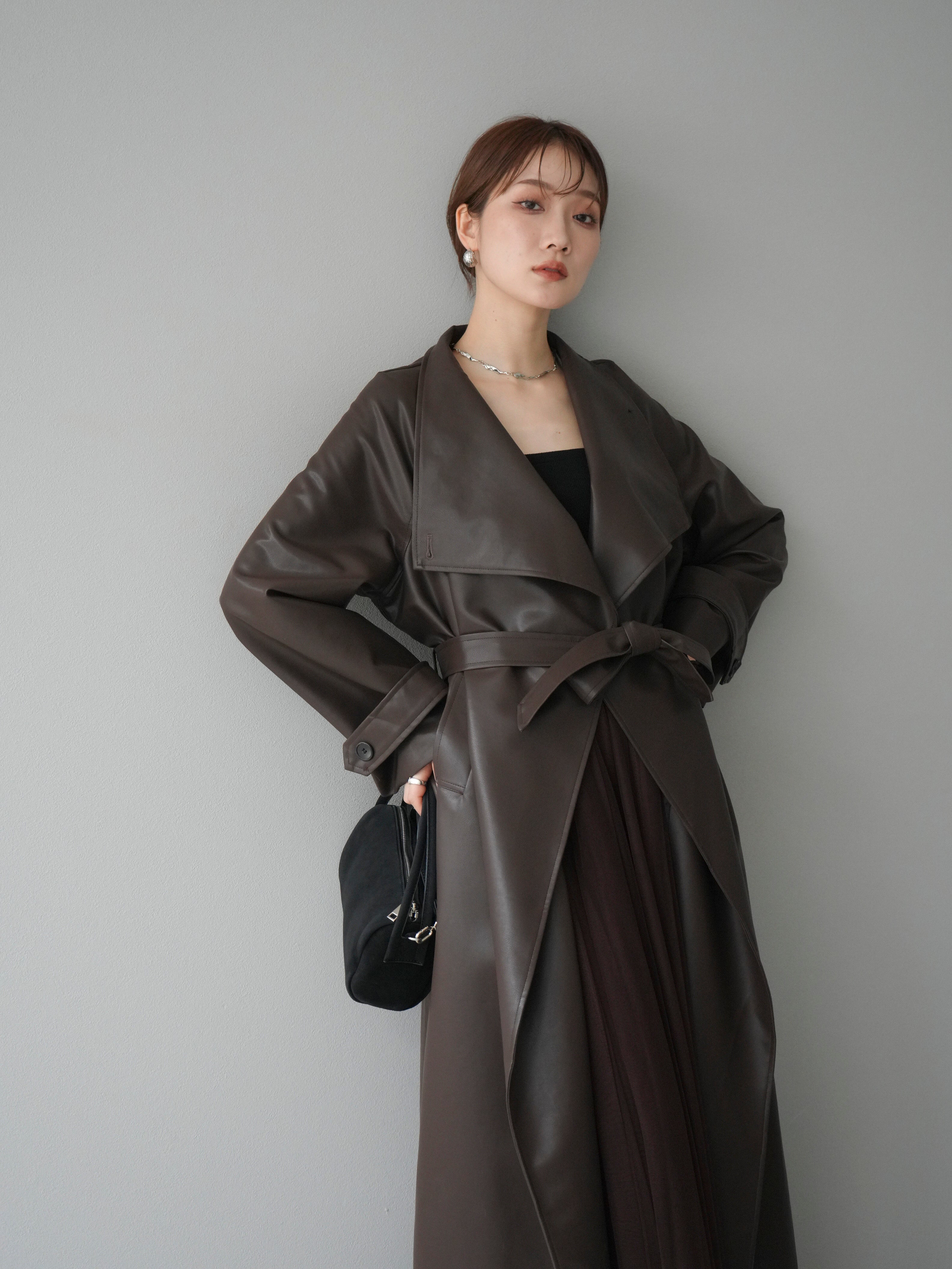 予約]BIGカラーレザーロングコート/ブラウン – Lumier