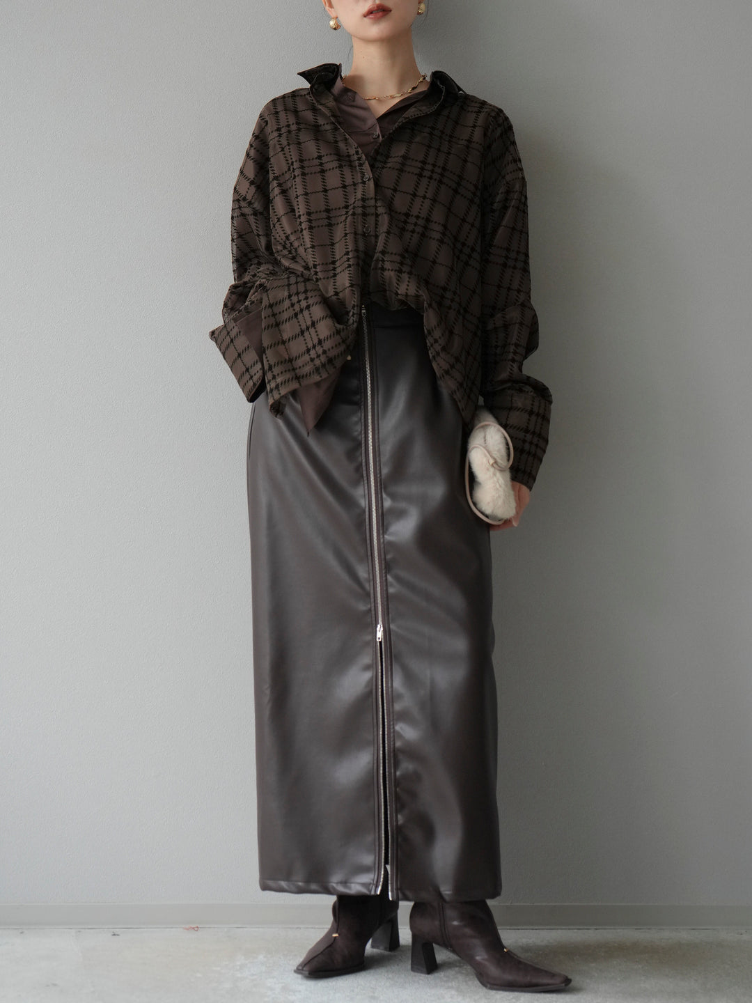 [予約]チェック柄チュールシャツアンサンブル/ブラウン