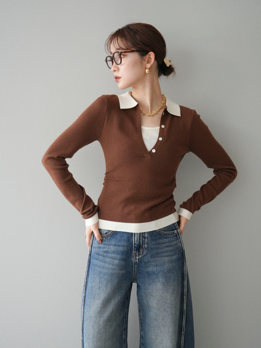 [予約]レイヤード配色ポロニットトップス/brown