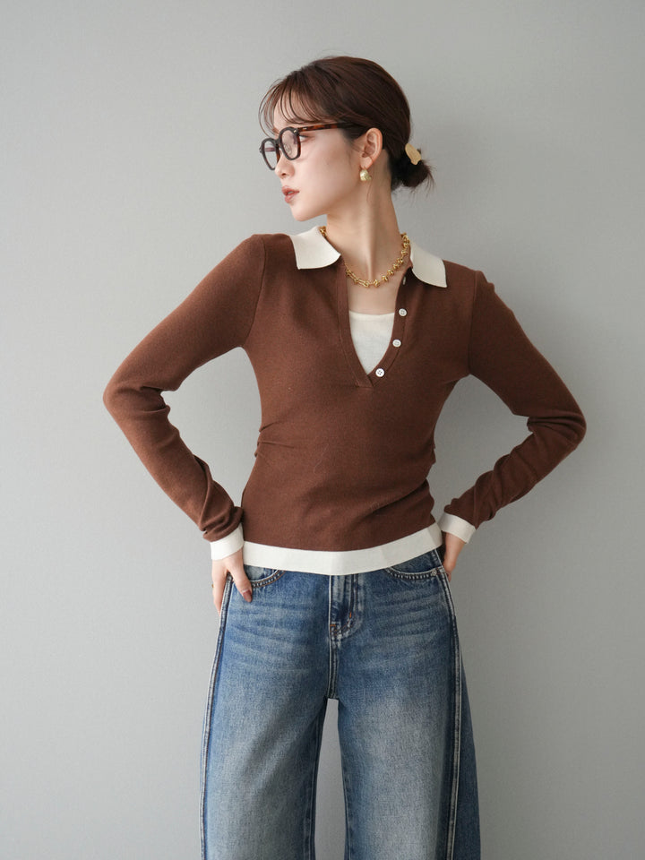 [予約]レイヤード配色ポロニットトップス/brown
