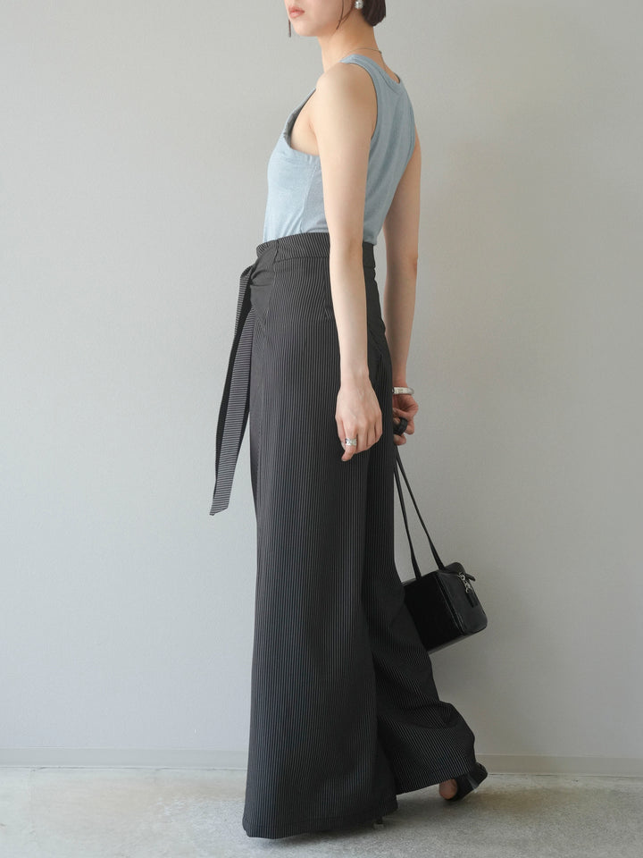 【預購】條紋裹腰闊腿褲/黑色
