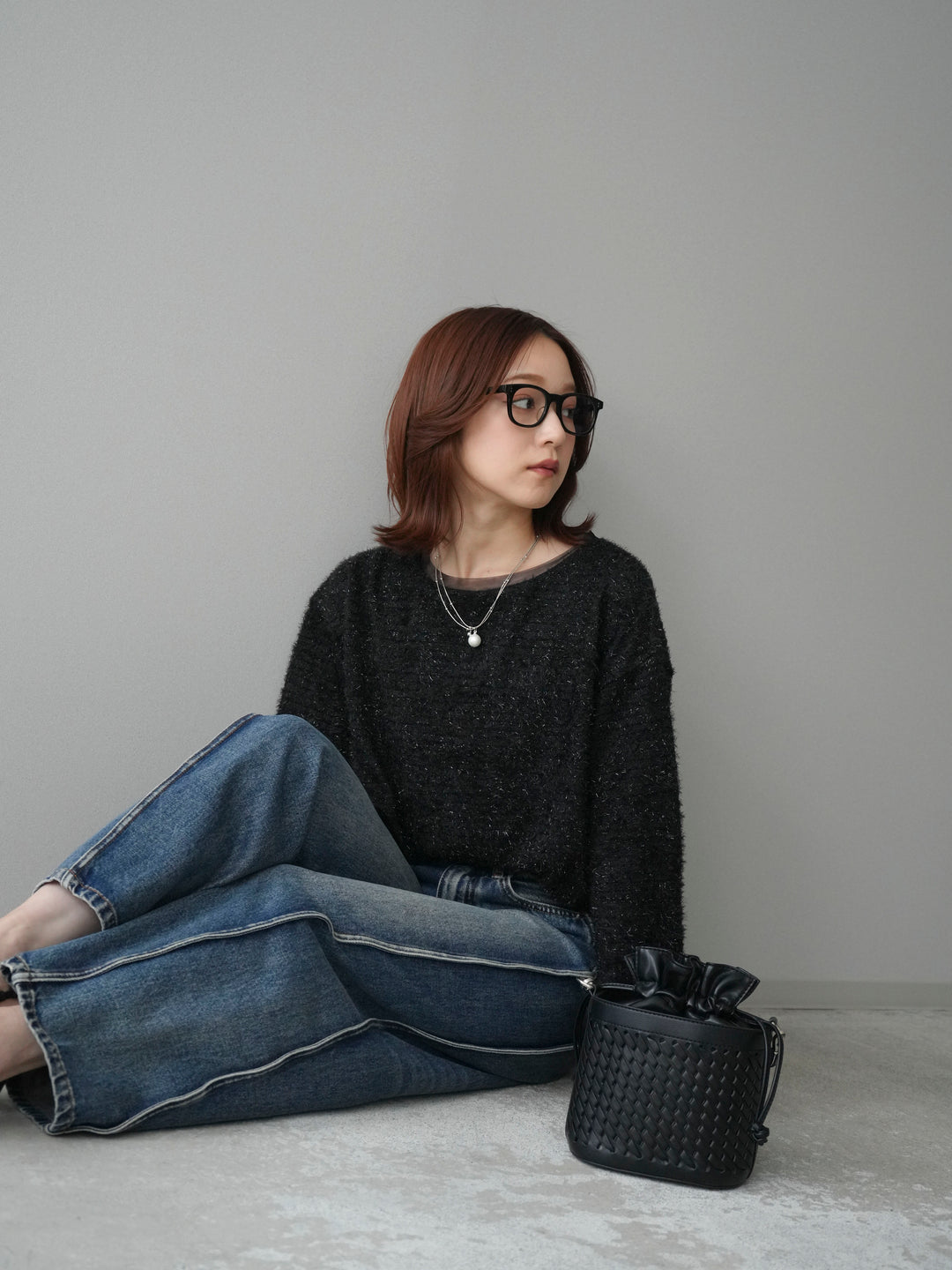 [SET]ラメシャギートップス+サイド切替カーブデニムパンツ(2set)