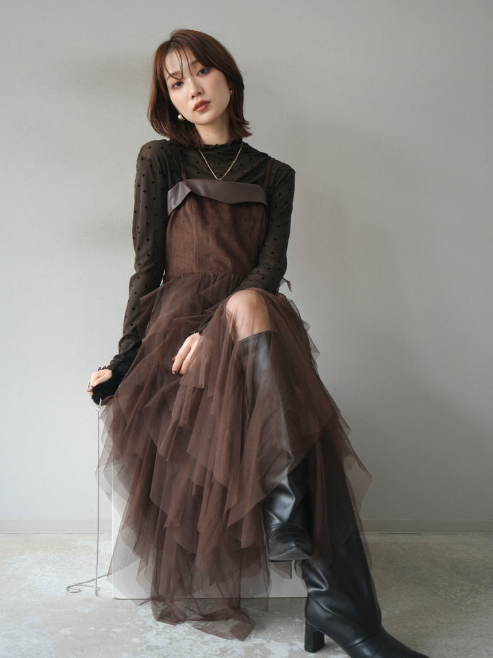 [予約]レザー切替チュールラッフルワンピース/brown