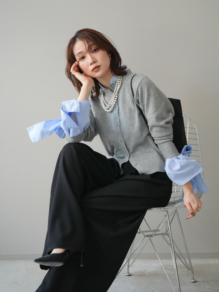 [予約]ウールライクリボンシャツカーディガン/gray