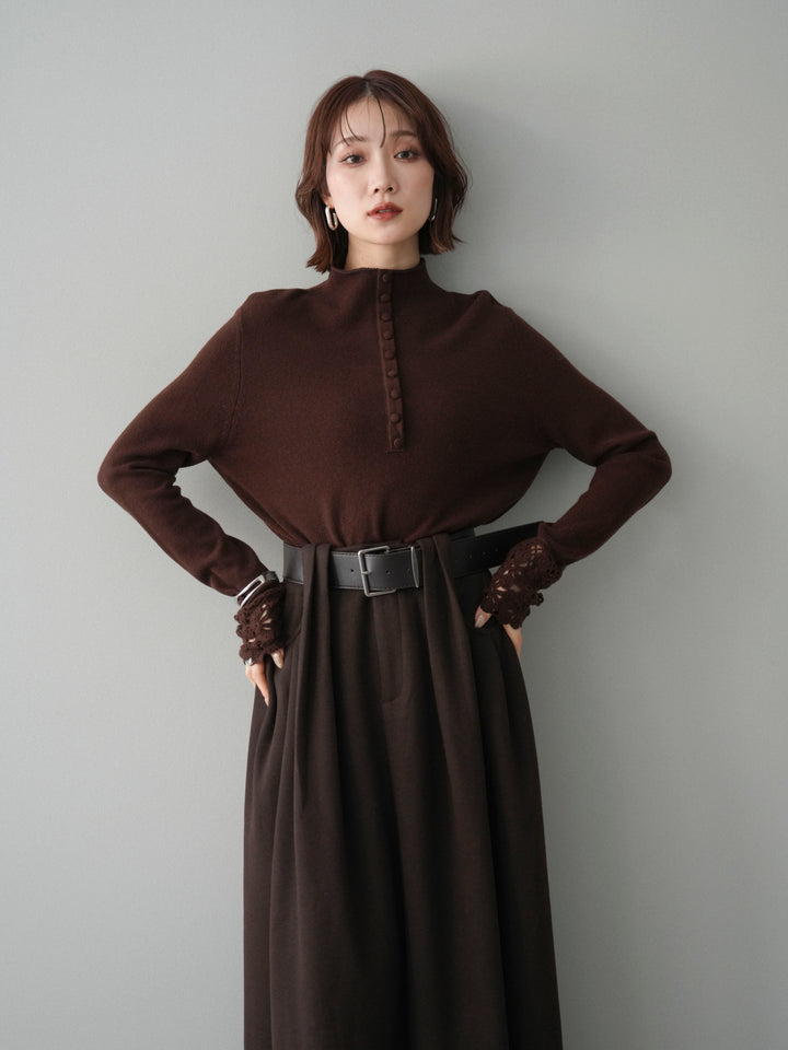 [予約]袖スカラップレースフロントボタンウールニットトップス/brown