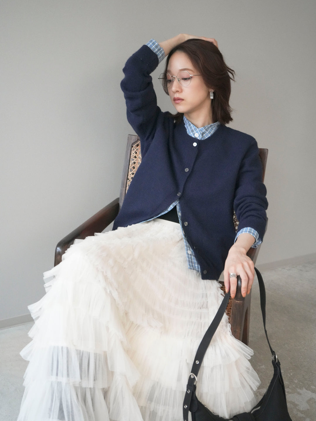 [予約]チェックシャツレイヤードデザインニットカーディガン/navy