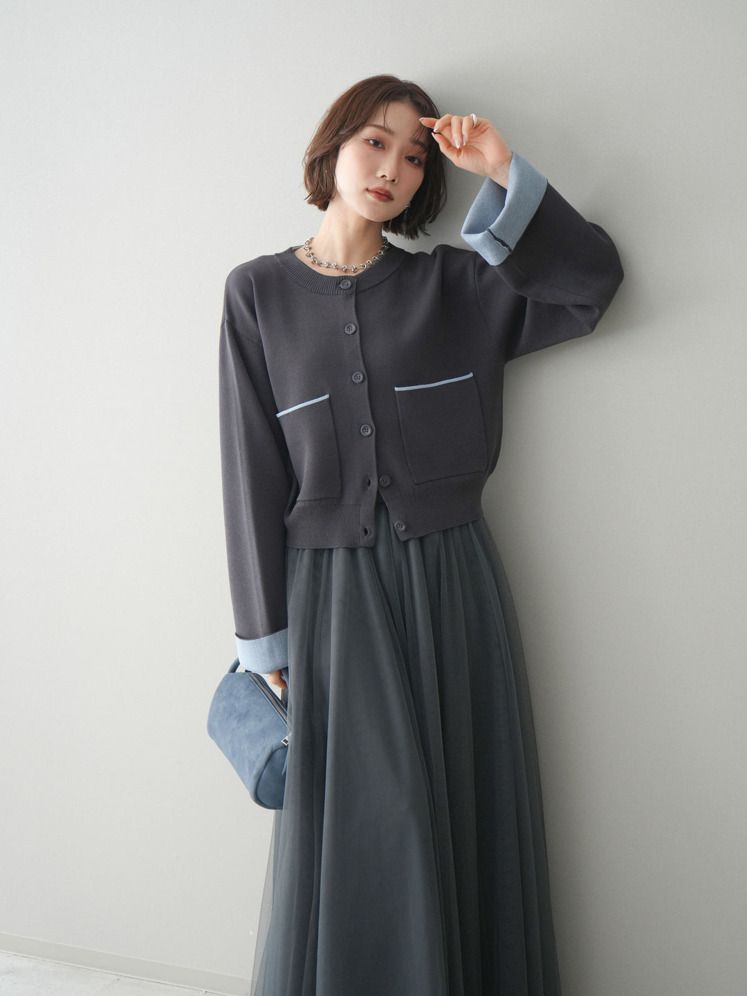 [SET]レーヨンポリダブルフェイスニットカーディガン+チュールボリュームスカート(2set)