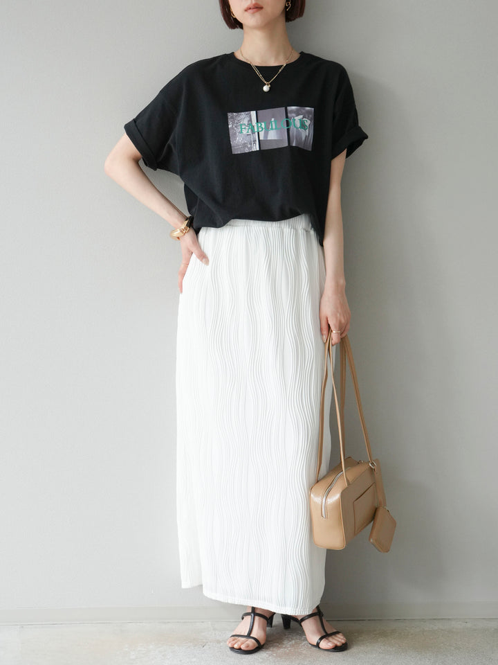 [SET]ネオンロゴコラージュフォトプリントオーバーTシャツ+ウェーブパイピングタイトスカート(2set)