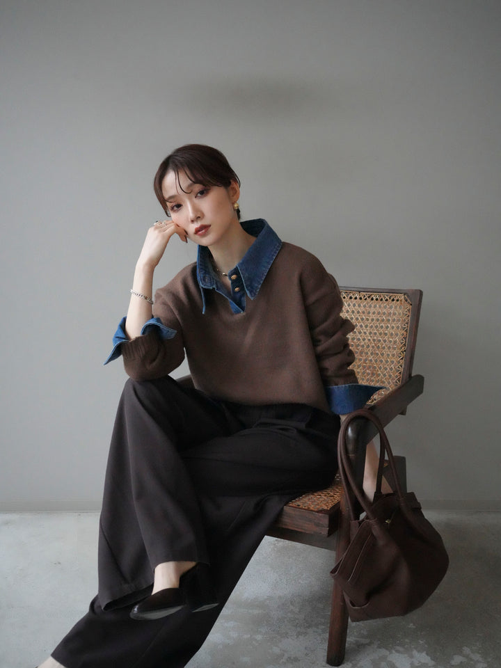 【預購】牛仔領polo針織套頭衫/棕色