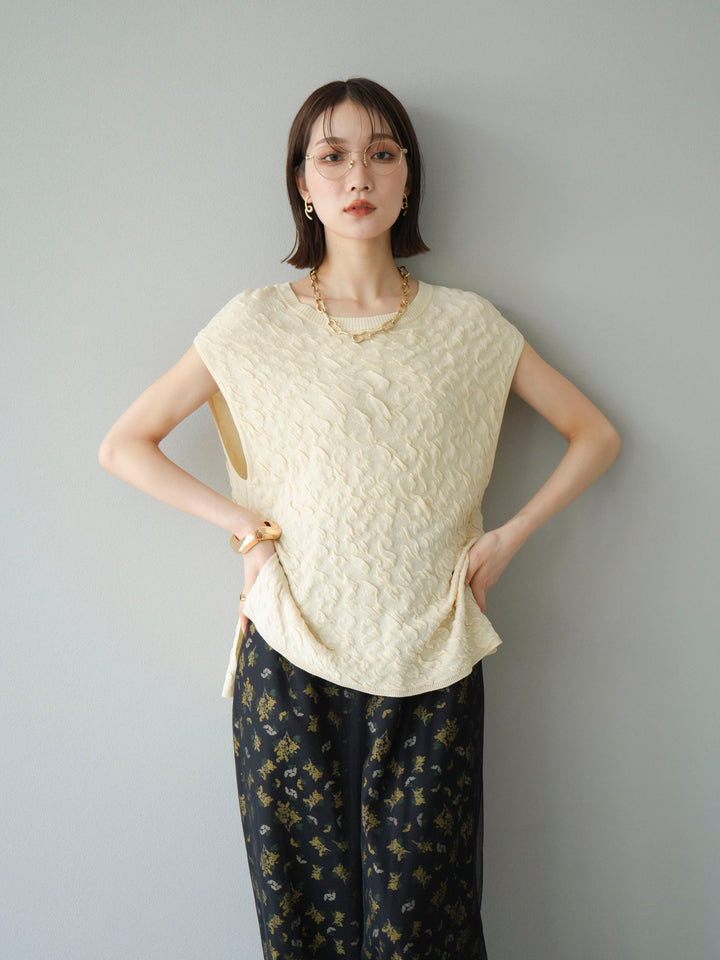 [SET]ポコポコノースリーブニットプルオーバー+コード刺繍チュールレイヤードパンツ(2set)