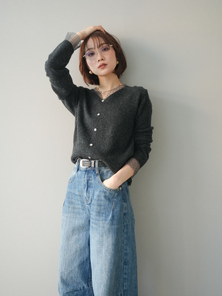 [SET]ドットチュールレイヤードボタンニットトップス+選べるアクセセット(2set)