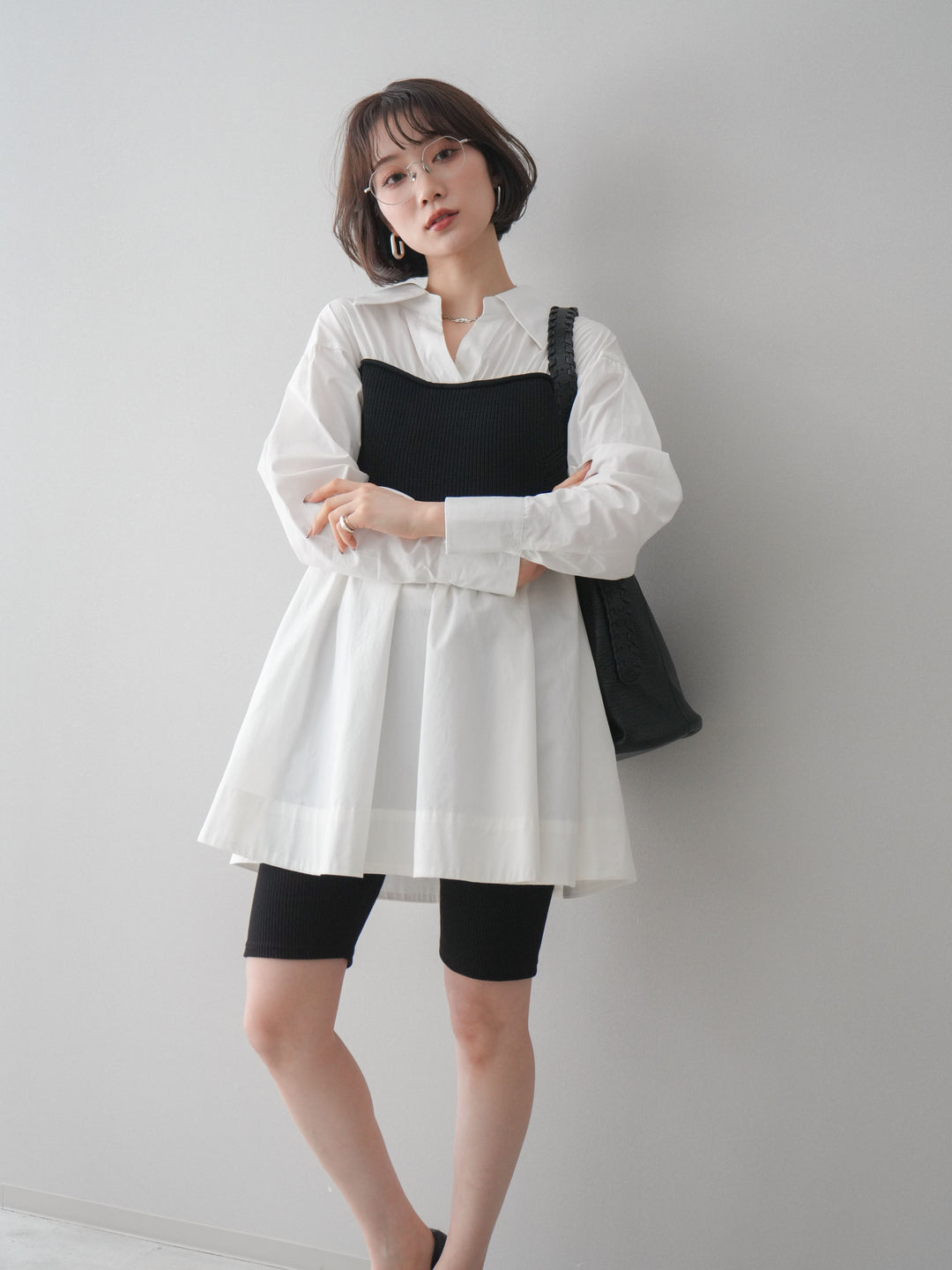 [予約]ニットビスチェドッキングフレアシャツチュニック/offwhite