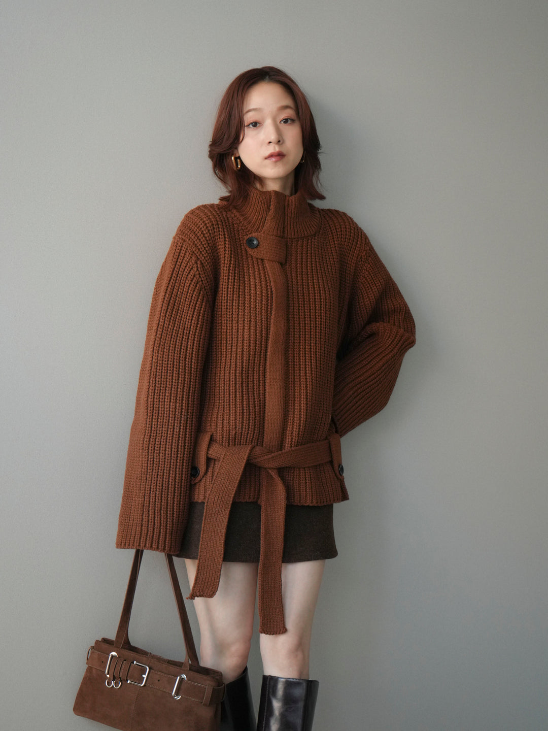 [予約]畦編みボトルネックZIPニットカーディガン/brown