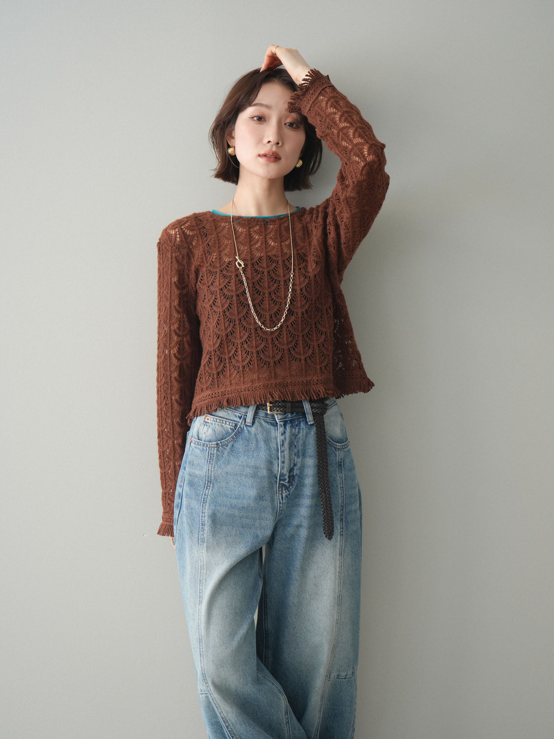 [予約]扇透かし編みクロップドニットプルオーバー/brown