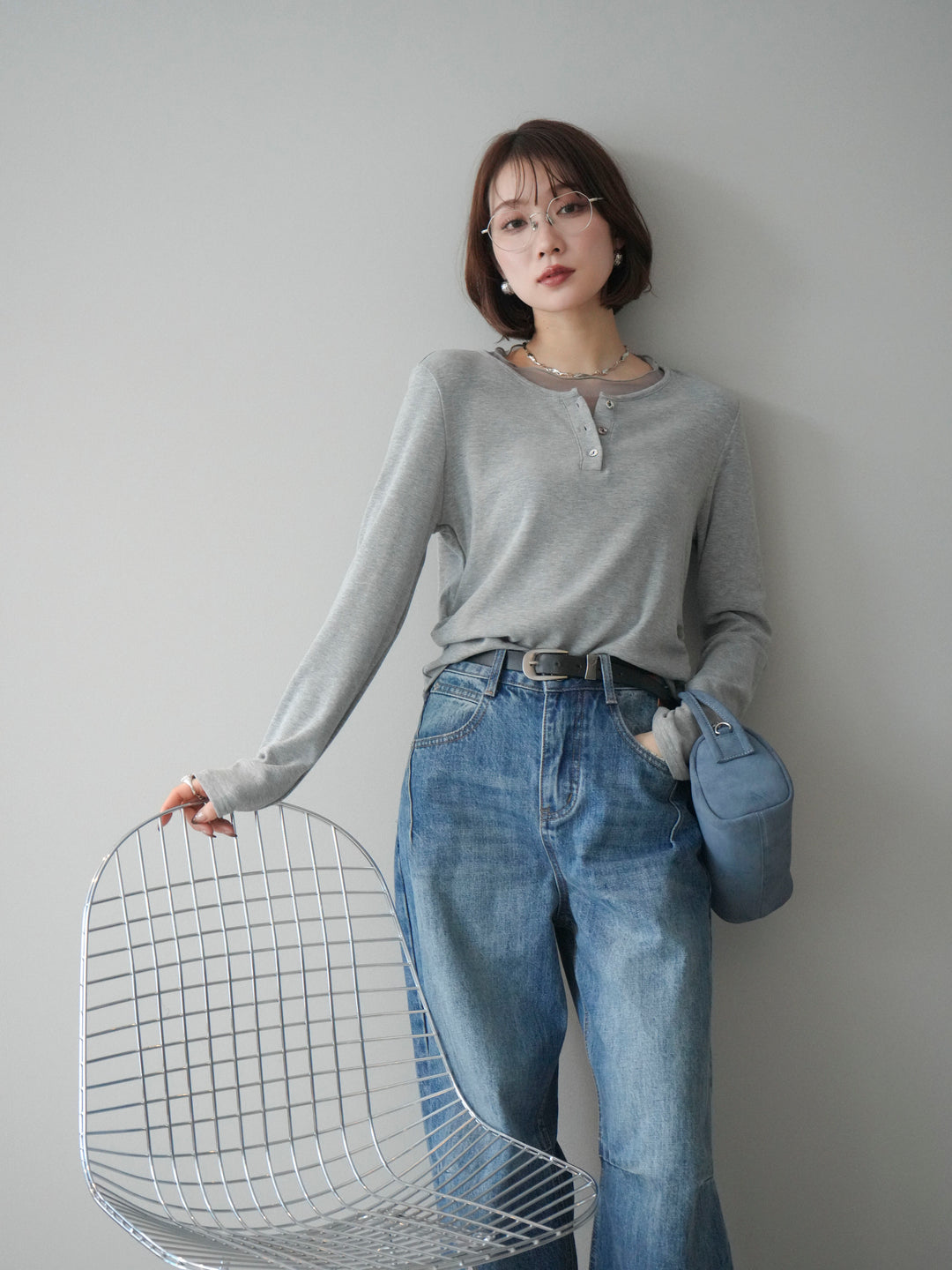 [予約]チュールレイヤードヘンリーネックカットソー/gray